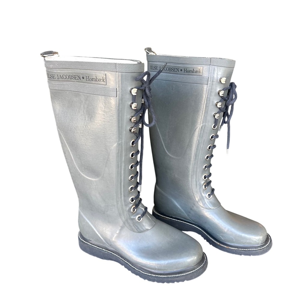 Ilse Jacobsen Hornbæk Wide Calf Lace Up Long Rubber Boots Size EU 37 US 7 Gray